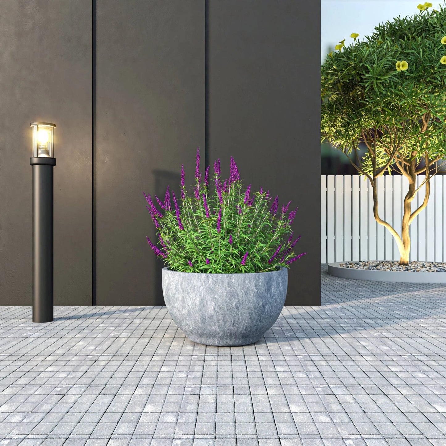 Grove Modern Round Fiberstone and MgO Clay Plant Pot with Drainage Holes for Indoor & Outdoor Home Office Yard Patio Decor