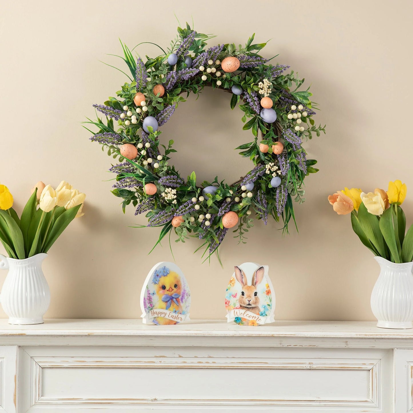 Glitzhome 22"D Artificial Easter Spring Eggs Berries Wreath for Front Door Wall Decor