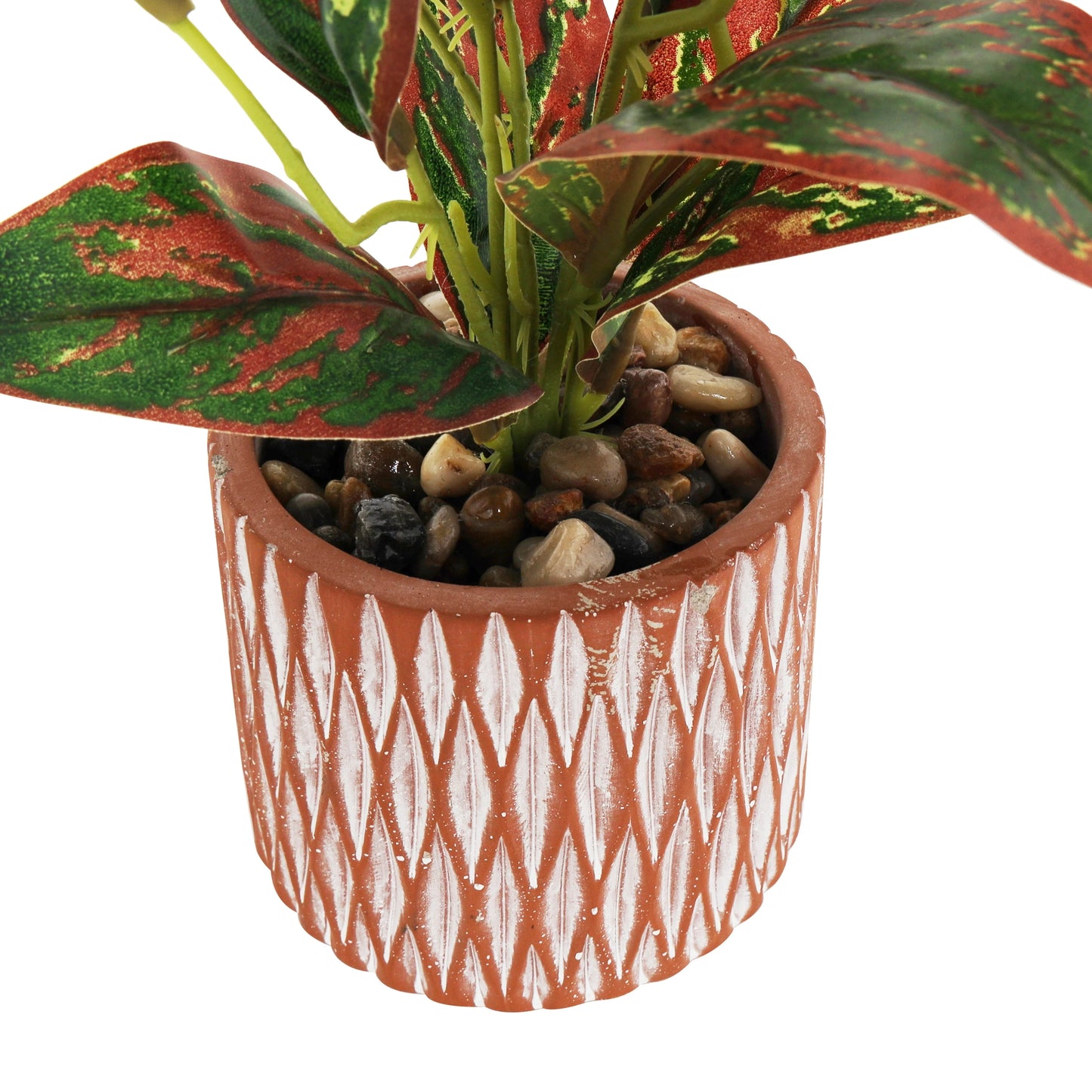 Faux Foliage Croton Artificial Plant with Geometric Patterned Pot and Decorative Pebbles - Green - Roche River Decor