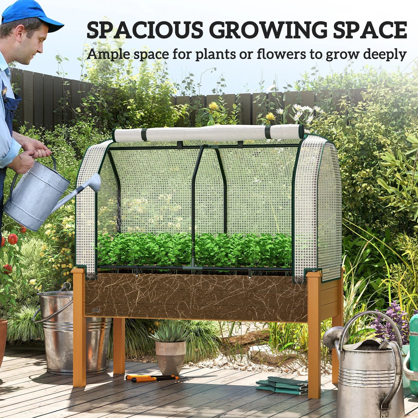 Outsunny Raised Garden Bed with PE Greenhouse Cover Outdoor Elevated Wood Planter Box for Herbs and Vegetables
