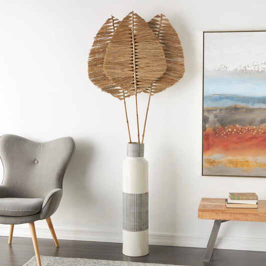 Bamboo Wood Leaf Handmade Tall Tassel Palm Leaf Fan Stick Home Decor Natural Foliage - Set of 3 Light Brown - Roche River Decor