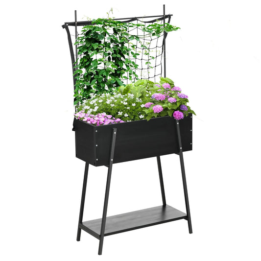 Outsunny Raised Garden Bed with Climbing Grid Trellis & Storage Shelf, Elevated Planter Box for Vegetable Vines
