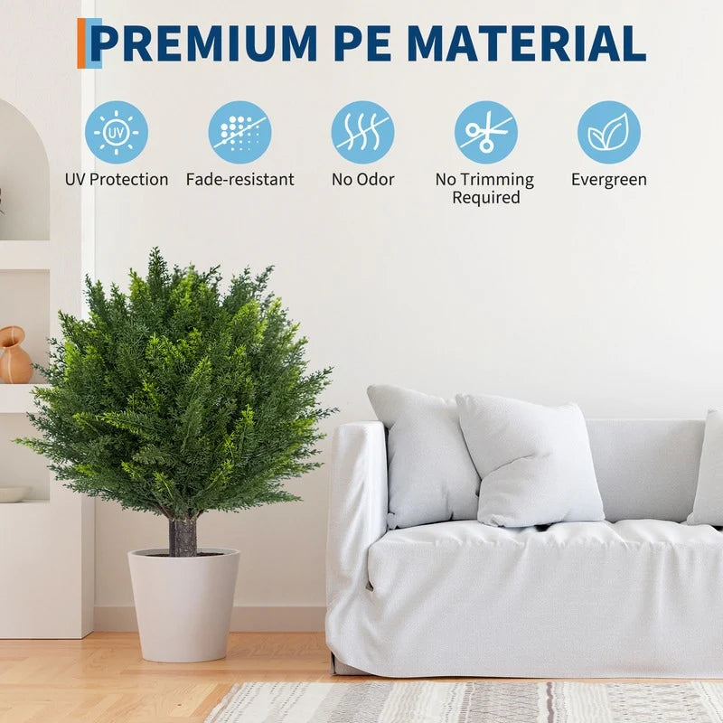 Set of 2 18" Artificial Cedar Topiary Ball Trees with Ground Spike, Indoor Outdoor Fake Shrubs Plants - Green