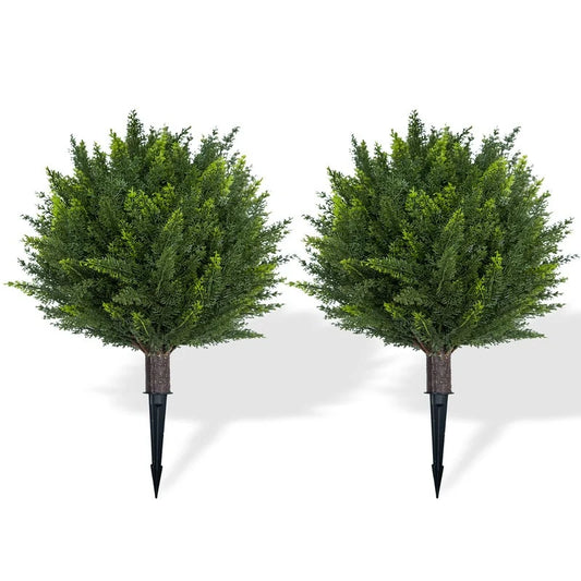 Set of 2 18" Artificial Cedar Topiary Ball Trees with Ground Spike, Indoor Outdoor Fake Shrubs Plants - Green