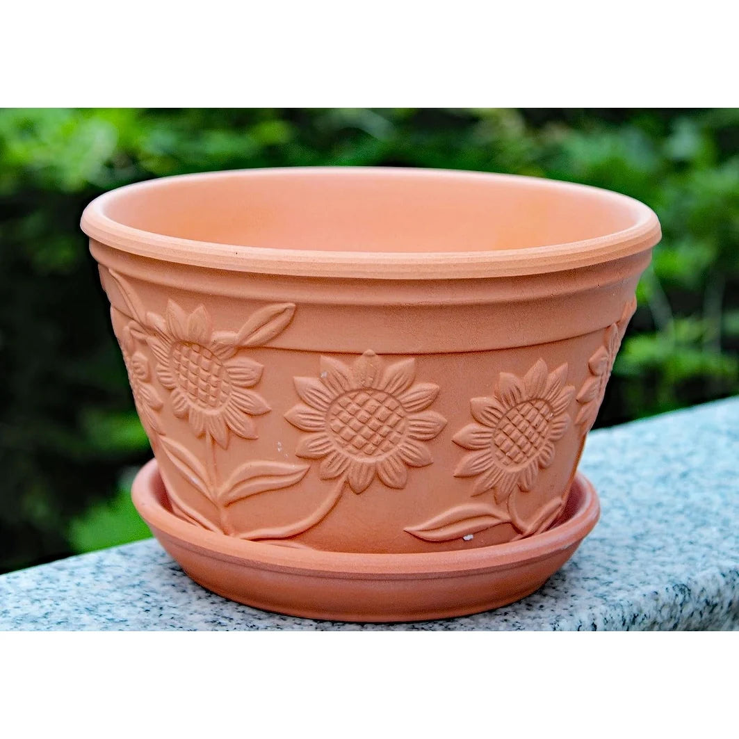 Set of 2 Sunflower Terracotta Garden Pot with Individual Tray, 2 SIZES