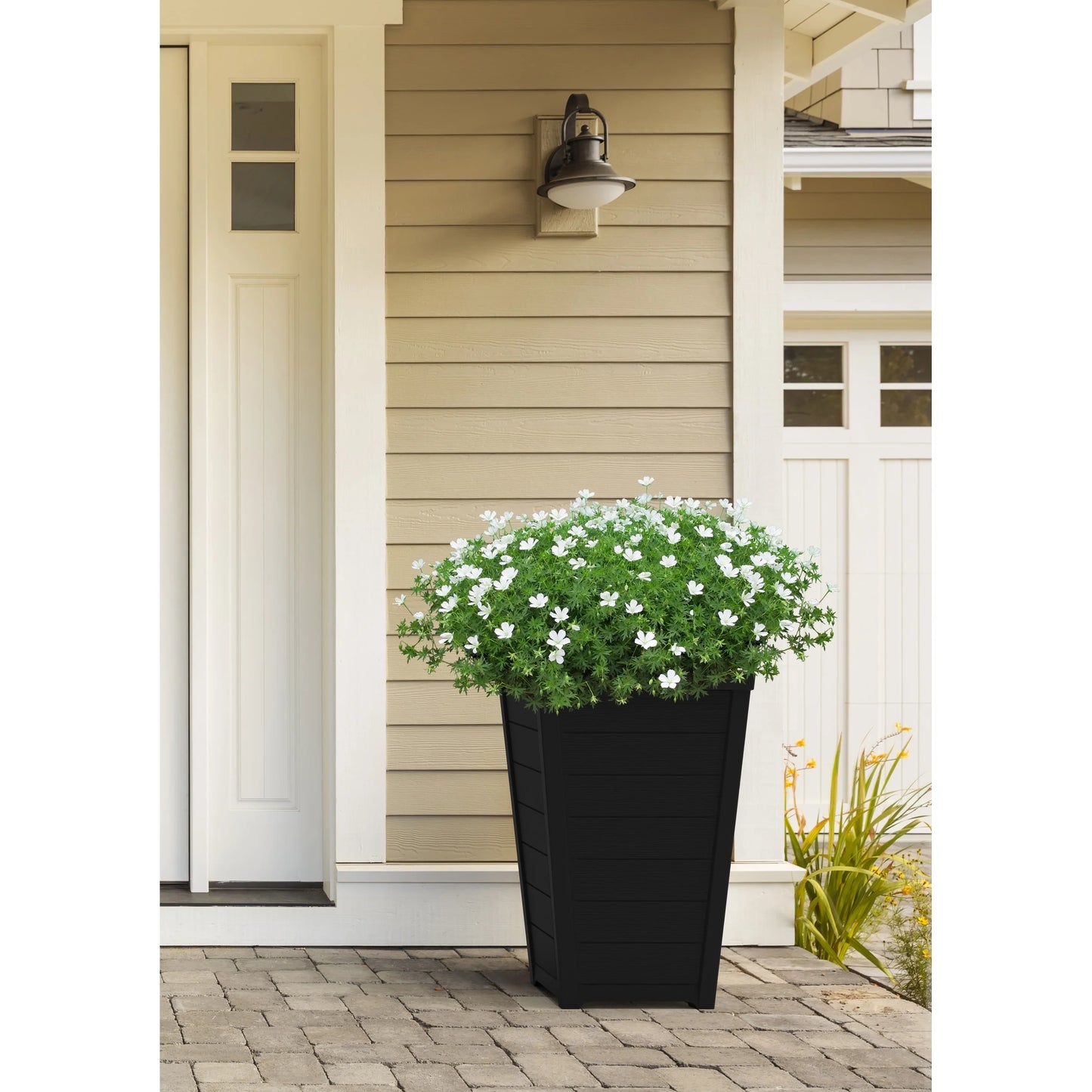 Keter Set of 2 Resin Modern Outdoor 22 Inch Tall Large Flower Pot Planters in a Stylish Tapered Wood Look Pattern