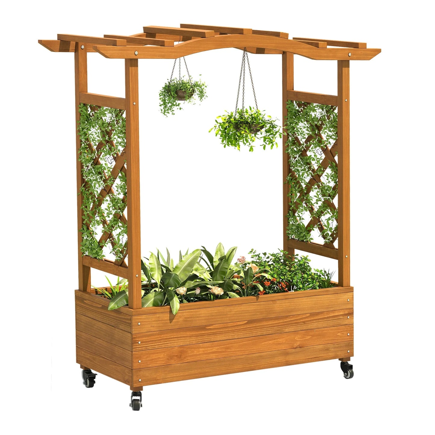 Moasis Outdoor Garden Solid Wood Planter Box with Arch Trellis,Free-Standing Planters Raised Bed for Climbing Plants