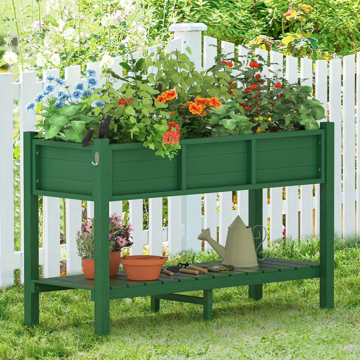 LUE BONA Patio Plastic Raised Elevated Garden Bed HDPS Planter Box Stand with Storage Shelf and Legs