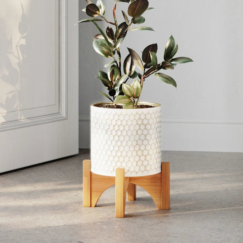Honeycomb Mid-Century Modern Indoor Metal Pot Planter with Arch Wood Base
