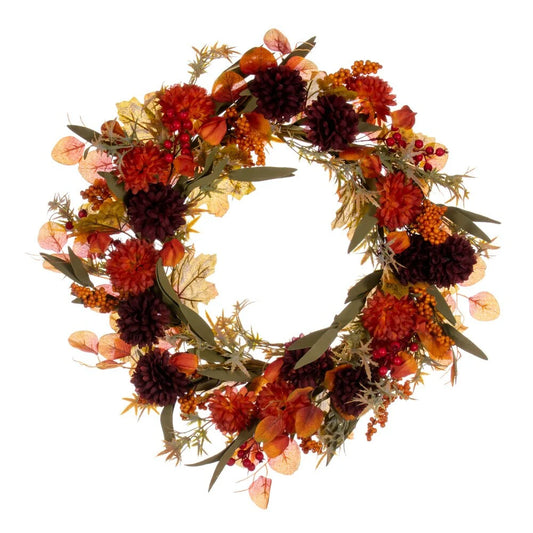 Vickerman 20" Orange and Burgundy Artificial Mixed Mum, Chinese Lantern, and Berry Wreath.