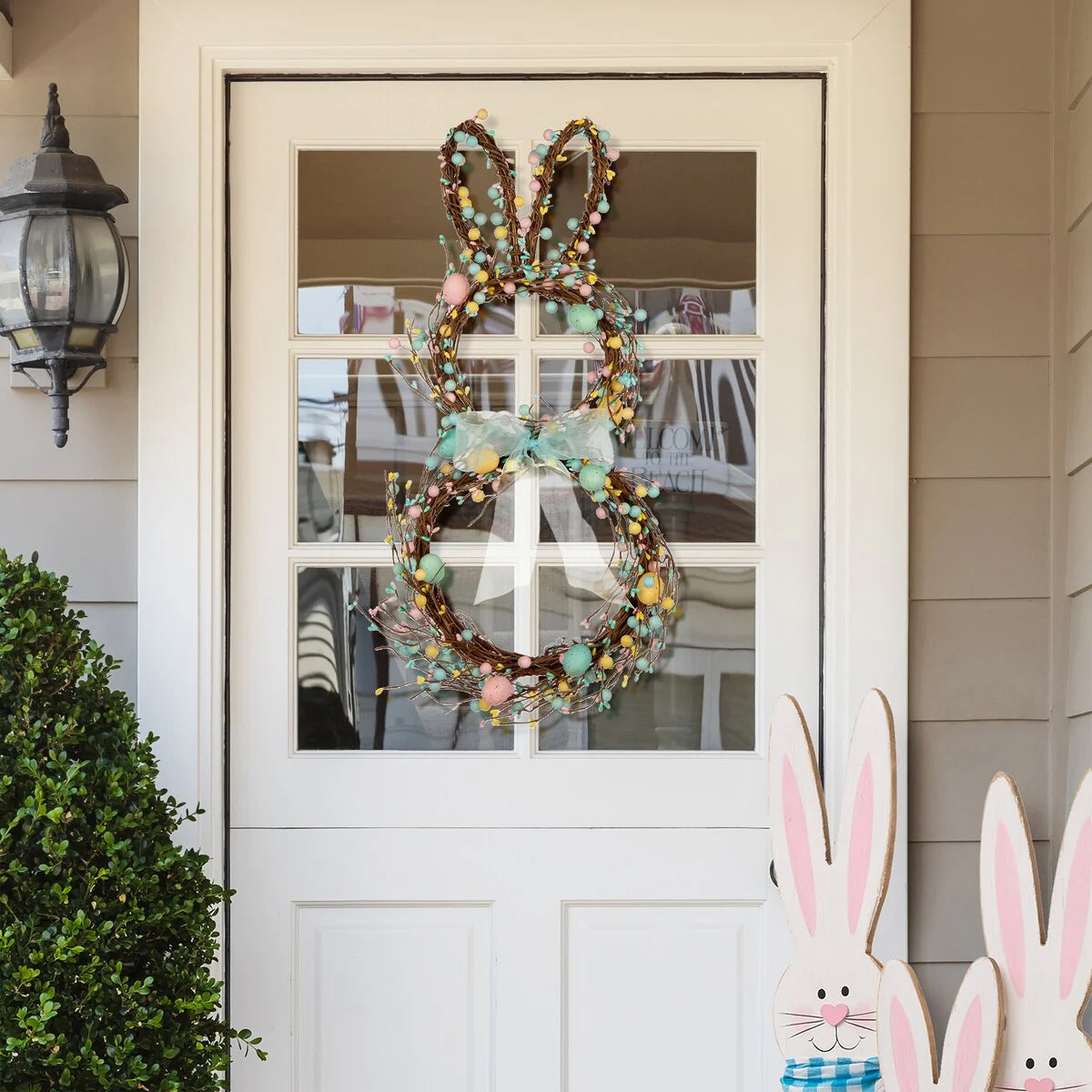 Glitzhome 24.5"H Easter Spring Bunny Shaped Eggs Wreath with Satin Ribbon Bow for Front Door Wall Decor