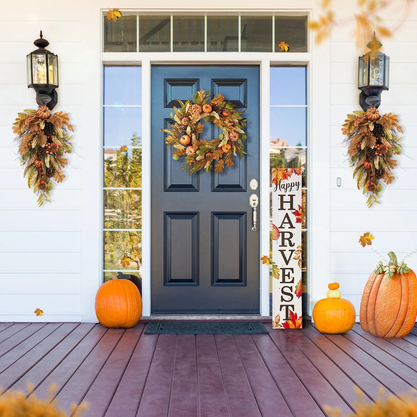 Glitzhome 26"H Fall Sunflower Pumpkin Lotus Leaf Teardrop Swag for Thanksgiving