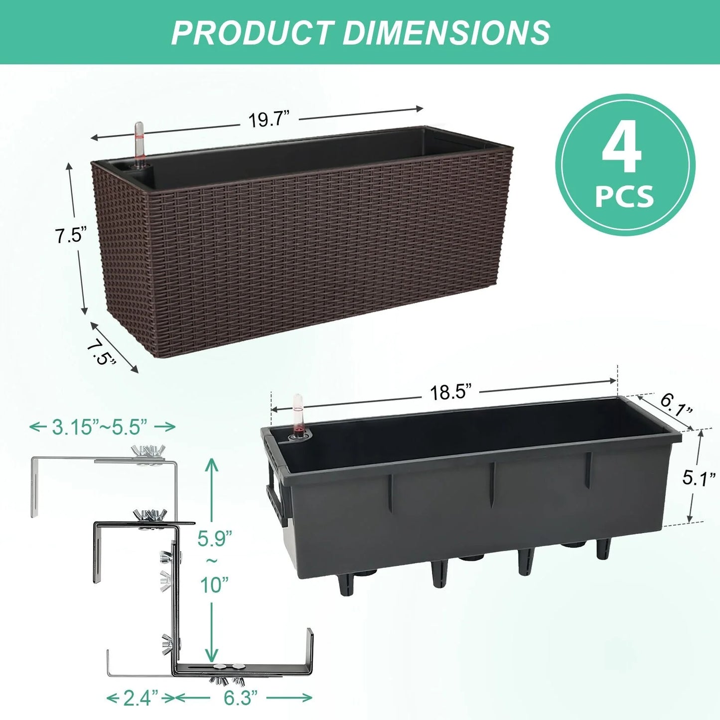 Aoodor 4Pcs 19.5" Rectangular Window/Railing Planter Box, Self Watering Planter for Balcony Porch Fence Patio - 19.5''×7.2''