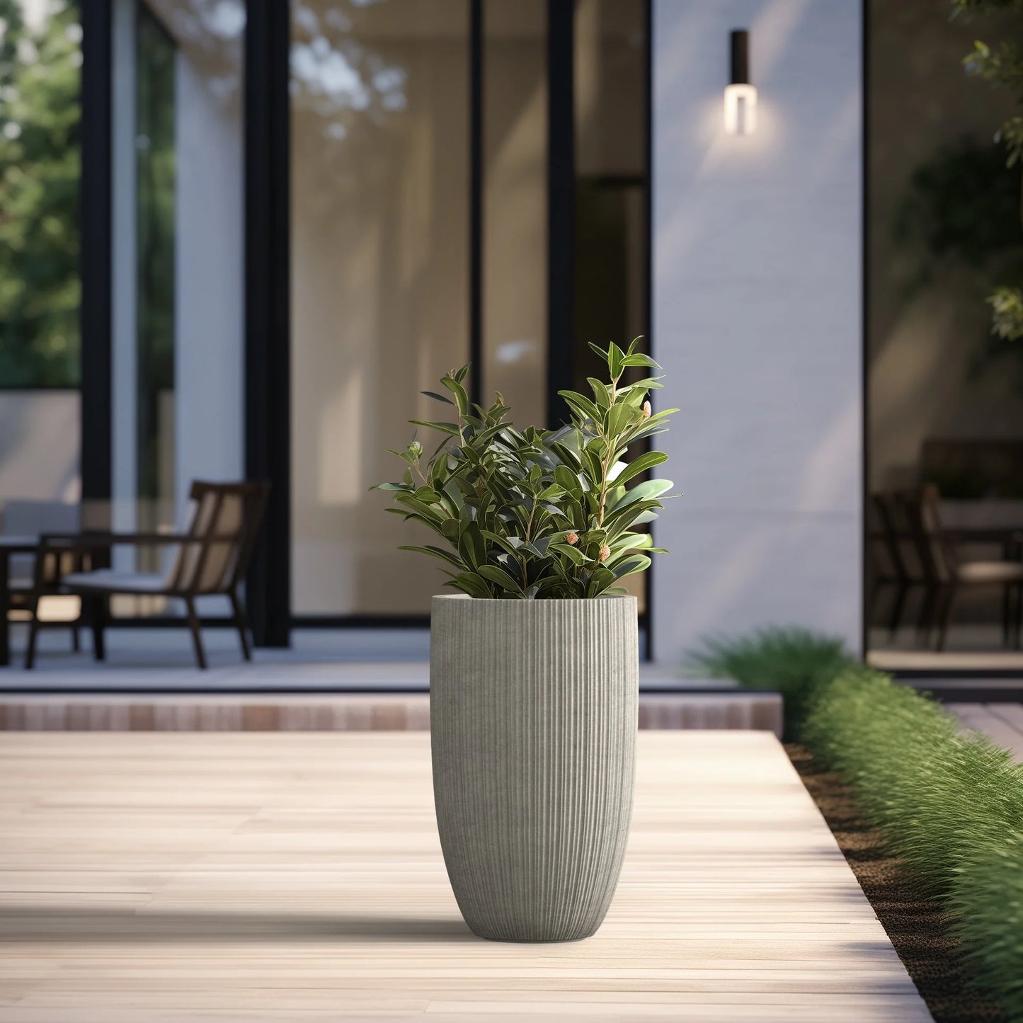Textured Granite Gray Tall Concrete Round Plant Pots / Large Indoor and Outdoor flower Planters (13.5 Inch x 24.5 Inch)