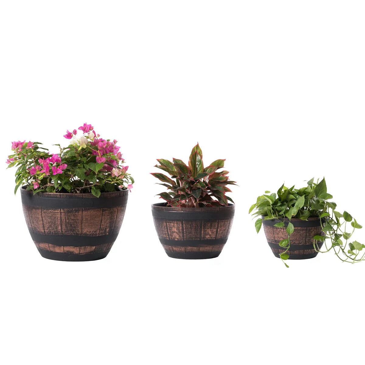 Brown Outdoor Rustic Half Barrel Flower Garden Planter Bowl, Plastic