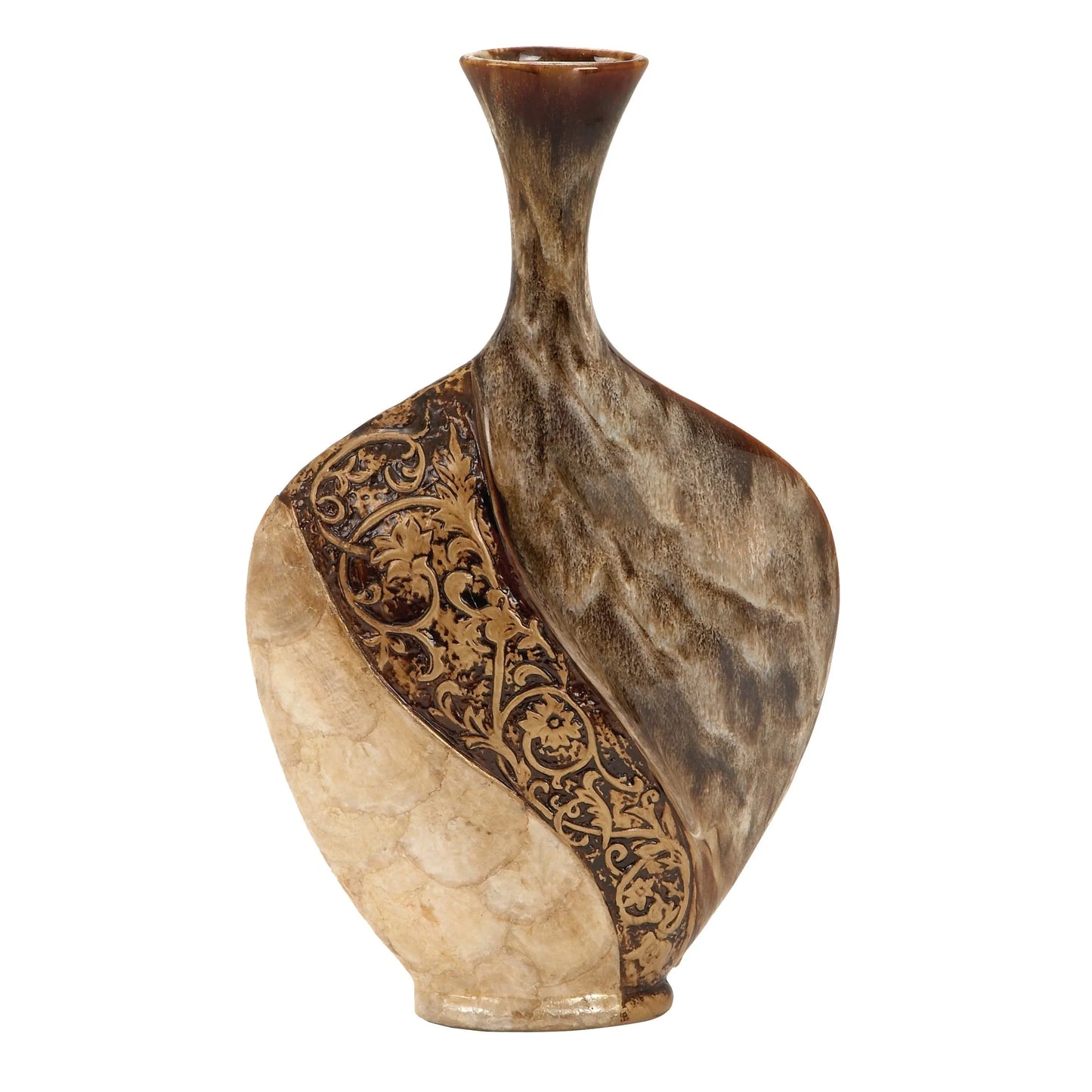 Ceramic Vase with Embedded Details and Capiz Shell Accents - Brown - Roche River Decor