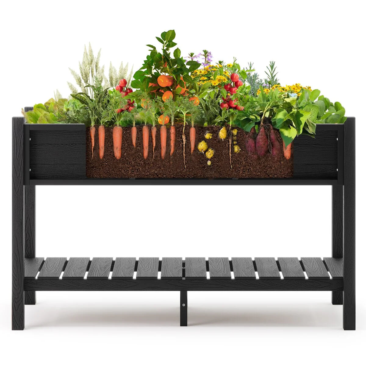 LUE BONA Patio Plastic Raised Elevated Garden Bed HDPS Planter Box Stand with Storage Shelf and Legs