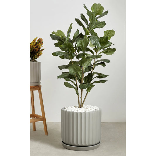 Indoor/Outdoor Large 1-piece Nordic Minimalist Fiberstone Lightweight Round Planter Pot With Grooves Saucer - 16, 13, 11 in