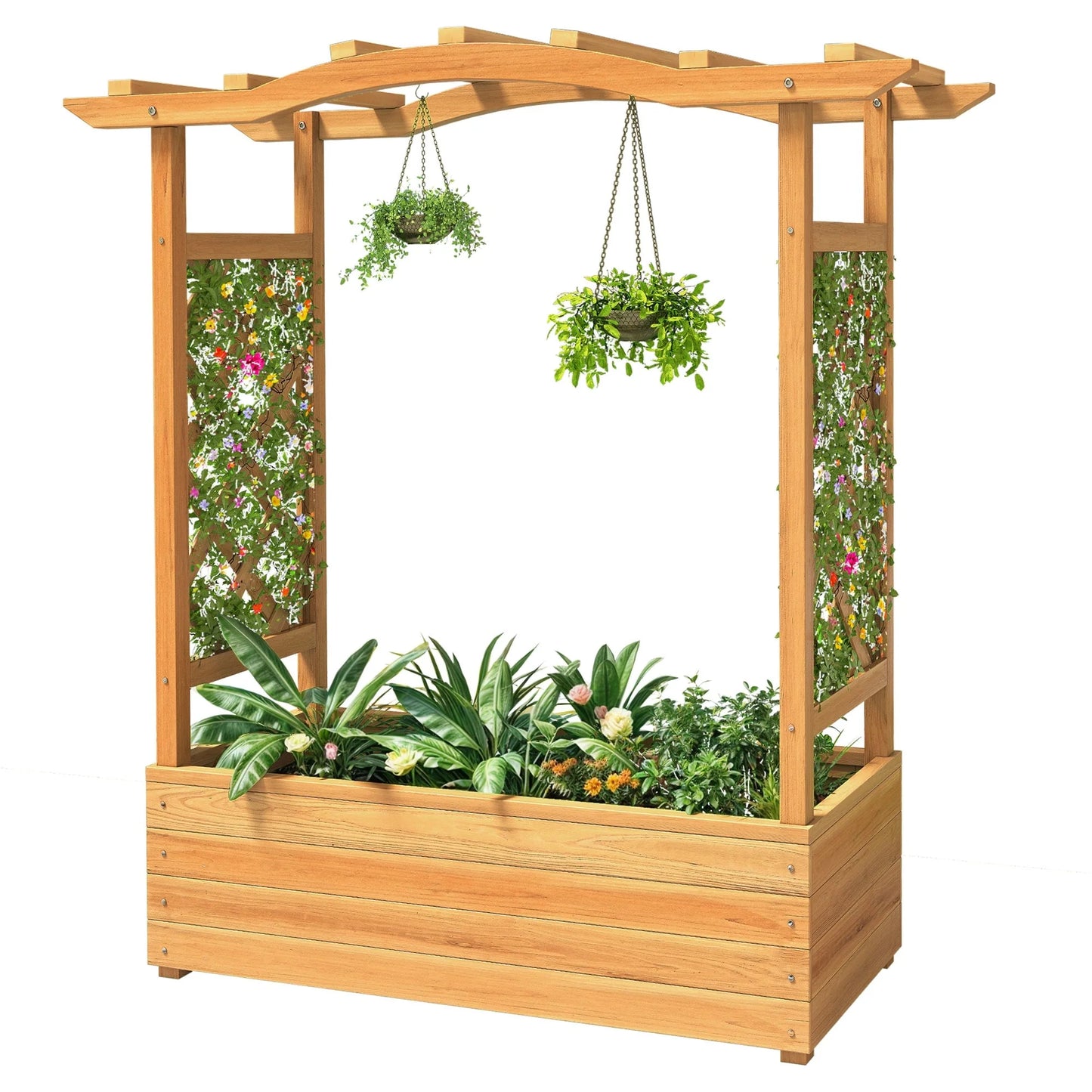 Moasis Outdoor Garden Solid Wood Planter Box with Arch Trellis,Free-Standing Planters Raised Bed for Climbing Plants