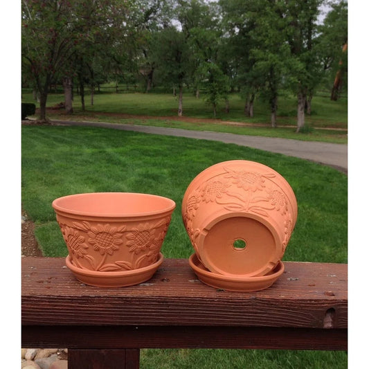 Set of 2 Sunflower Terracotta Garden Pot with Individual Tray, 2 SIZES