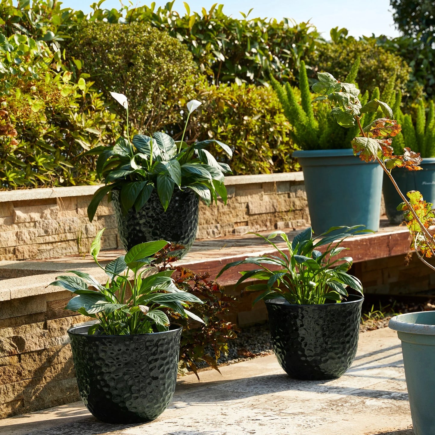 Glitzhome Honeycomb Textured Blue Green Faux Ceramic Pot Plastic Planter(Set of 2 / Set of 3)