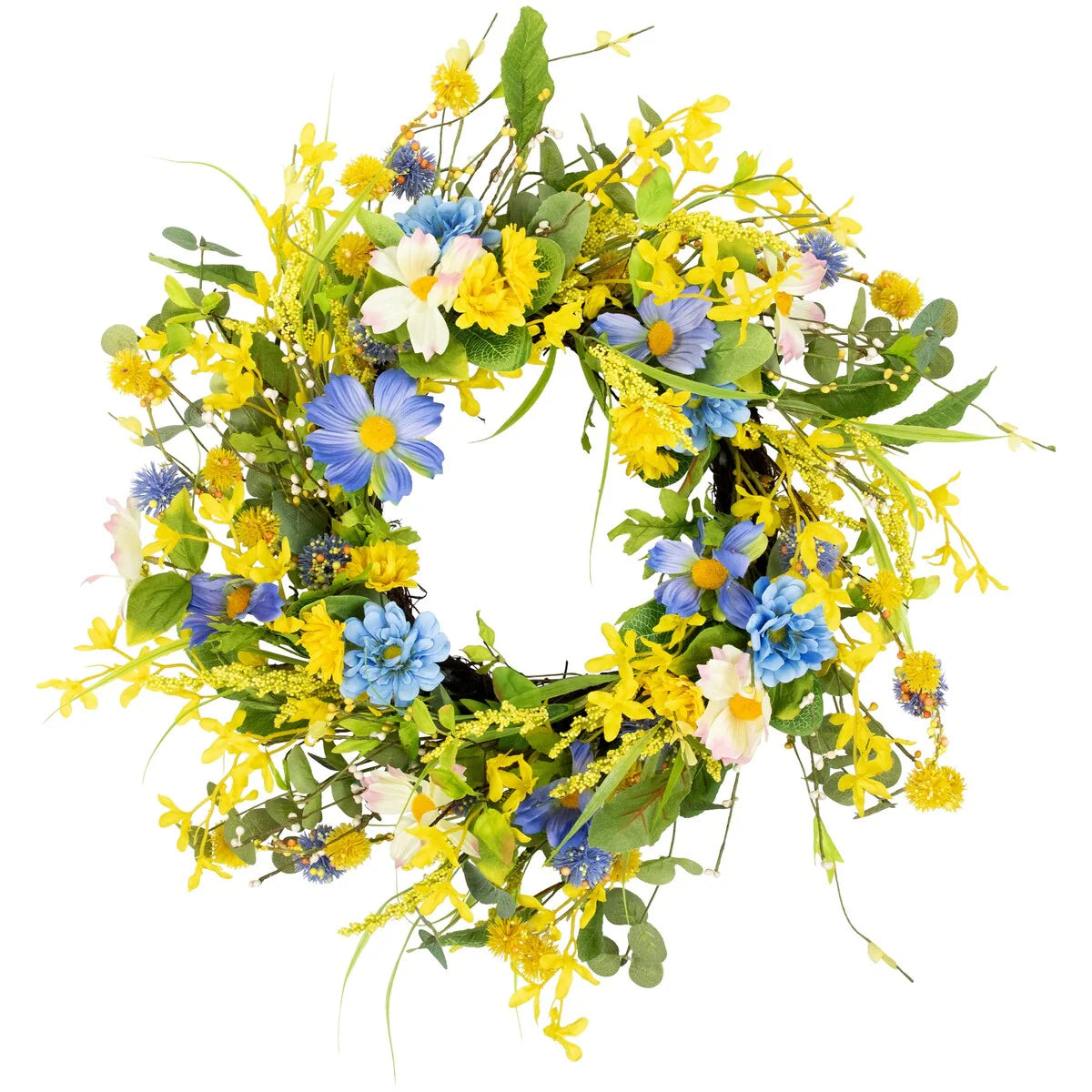 Daisy and Cosmos Floral Spring Wreath - 24" - Yellow and Blue