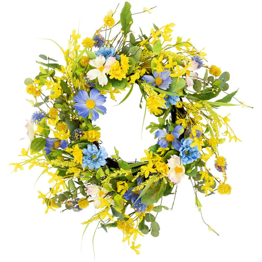 Daisy and Cosmos Floral Spring Wreath - 24" - Yellow and Blue