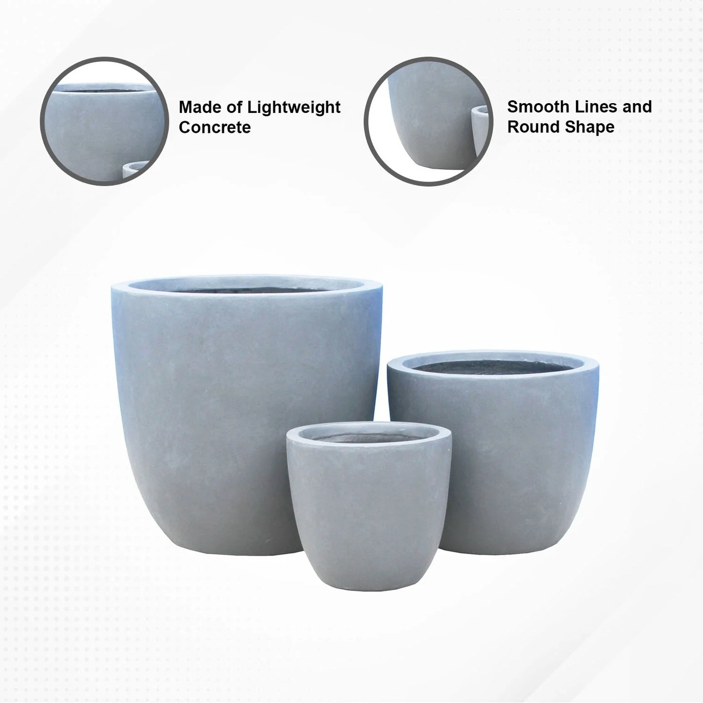 Kante Large Concrete Round Planters (Set of 3), Outdoor/Indoor, Modern, Lightweight, Weather Resistant (Slate Gray)