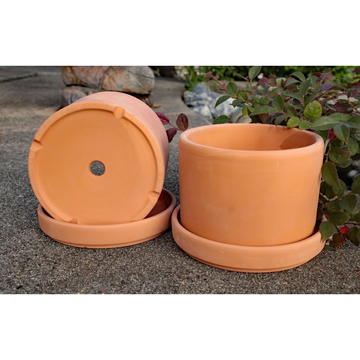 Set of 2 Terracotta Round Fat Walled Garden Planters with Individual Trays, 2 SIZES AVILABLE