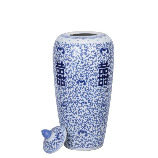 Blue and White Floral Double Happiness Tall Ginger Jar