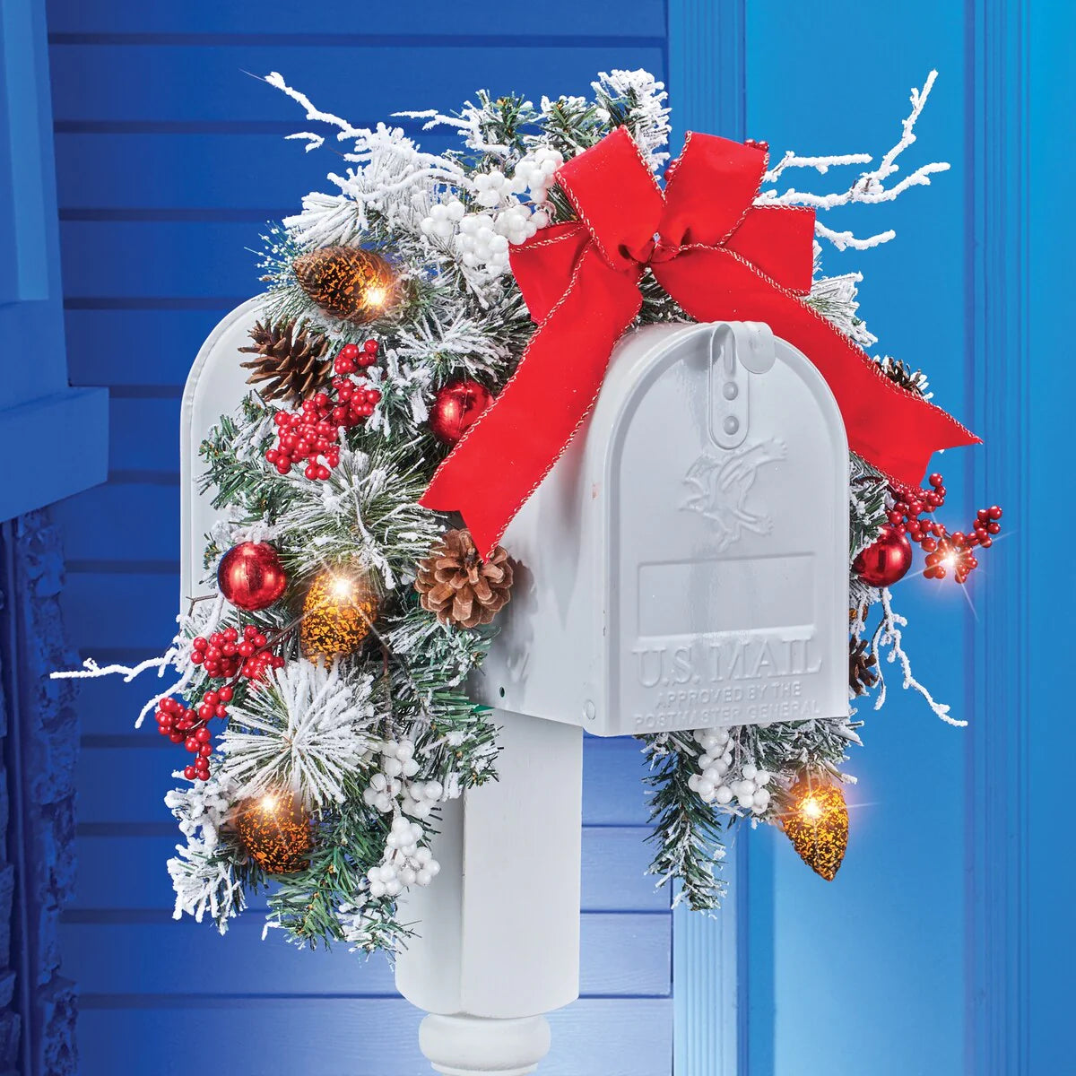 Frosted Pine Holiday Mailbox Swag with Solar LED Lights - 15.500 x 6.250 x 6.250