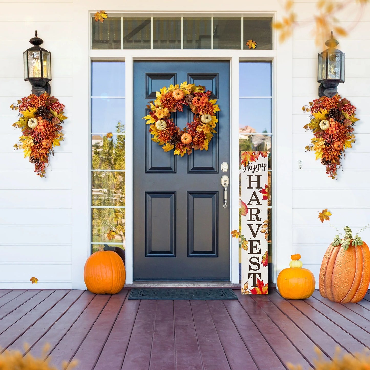 Glitzhome 26"H Fall Sunflower Pumpkin Lotus Leaf Teardrop Swag for Thanksgiving