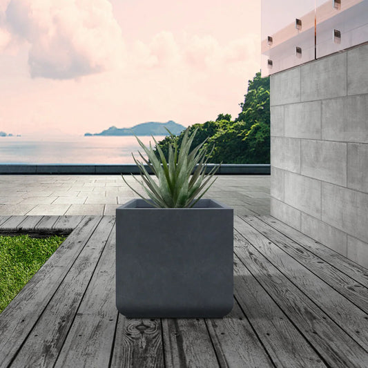 Kante Square Charcoal Finish Lightweight Concrete & Weather Resistant Fiberglass Modern Planter with Drainage Hole