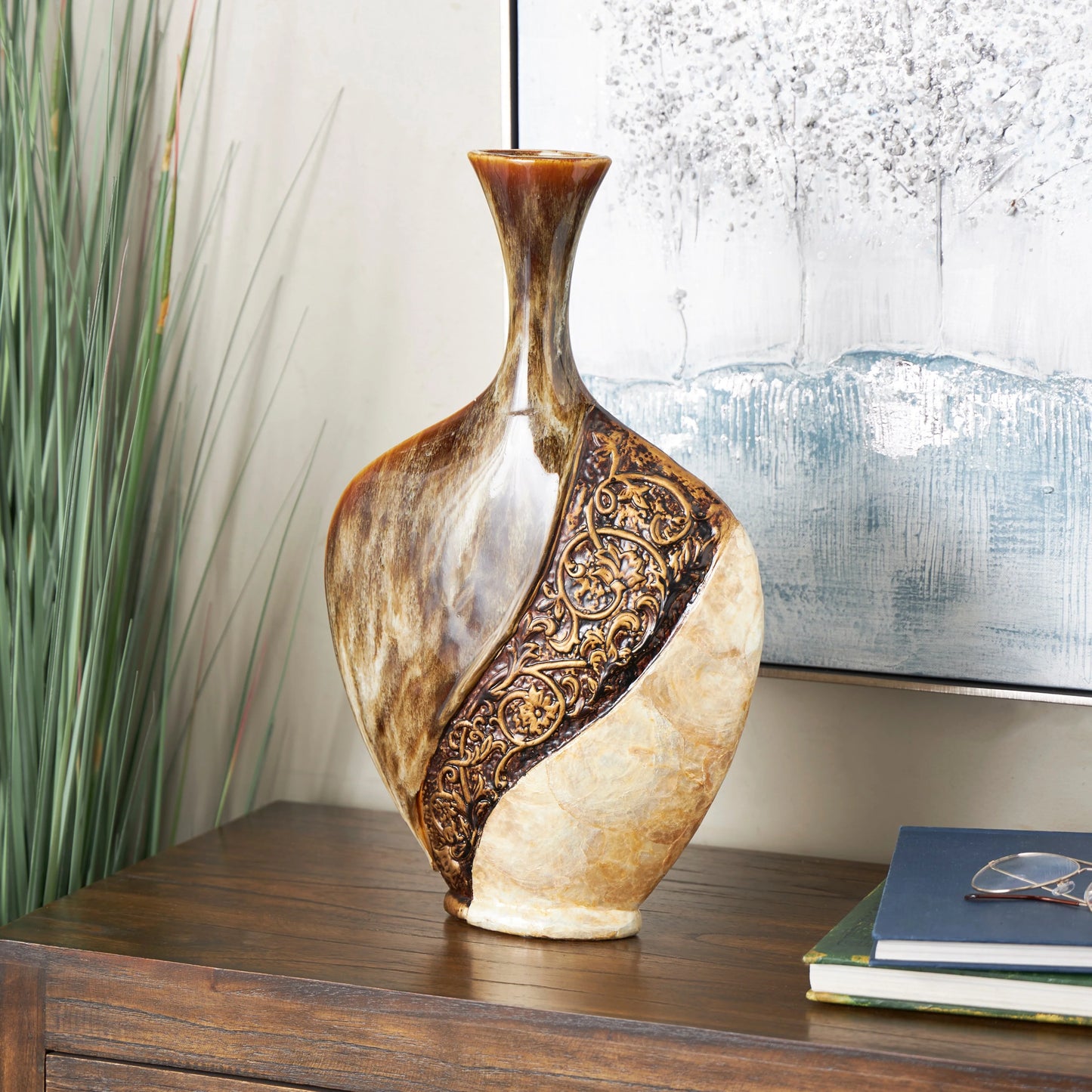 Ceramic Vase with Embedded Details and Capiz Shell Accents - Brown - Roche River Decor