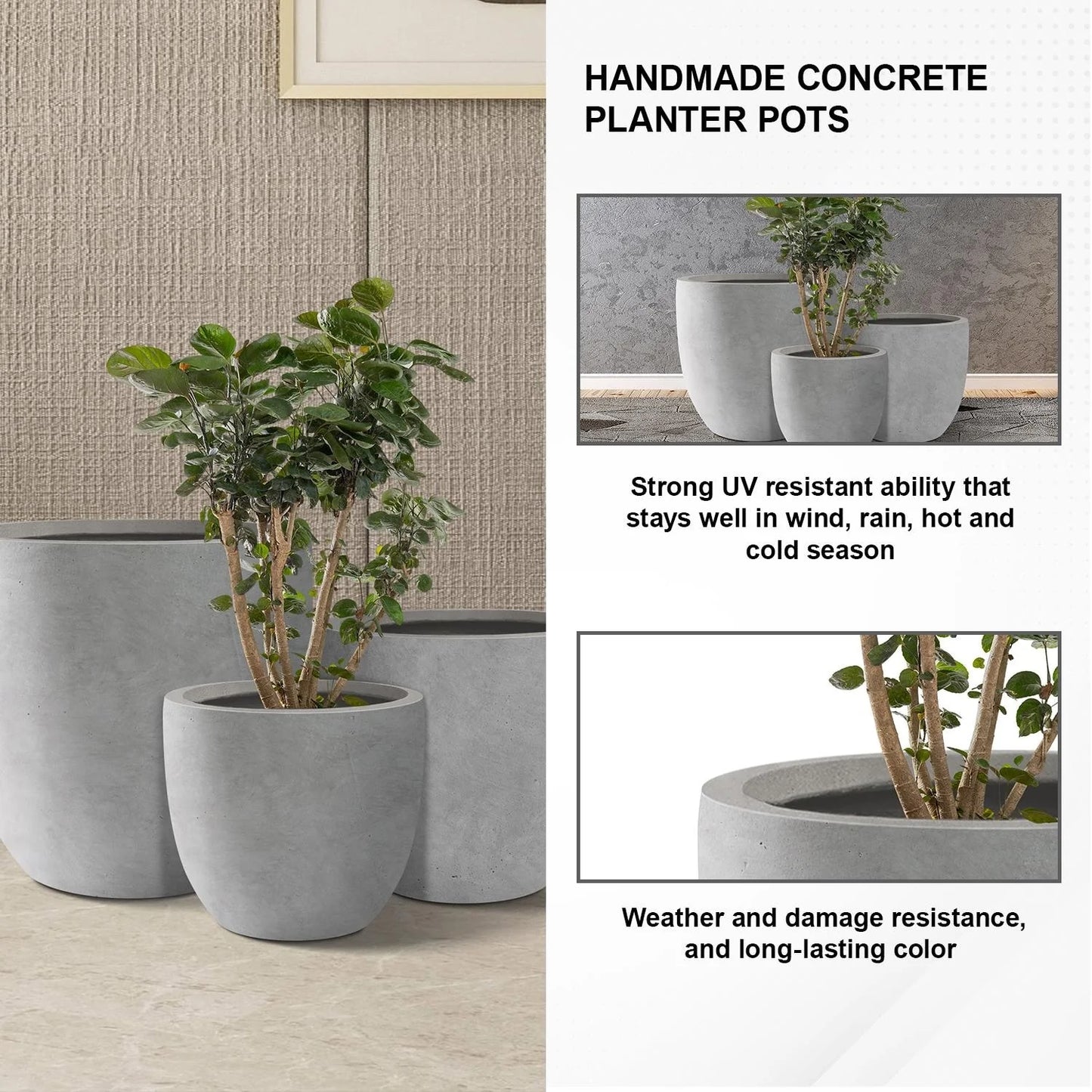 Kante Large Concrete Round Planters (Set of 3), Outdoor/Indoor, Modern, Lightweight, Weather Resistant (Slate Gray)