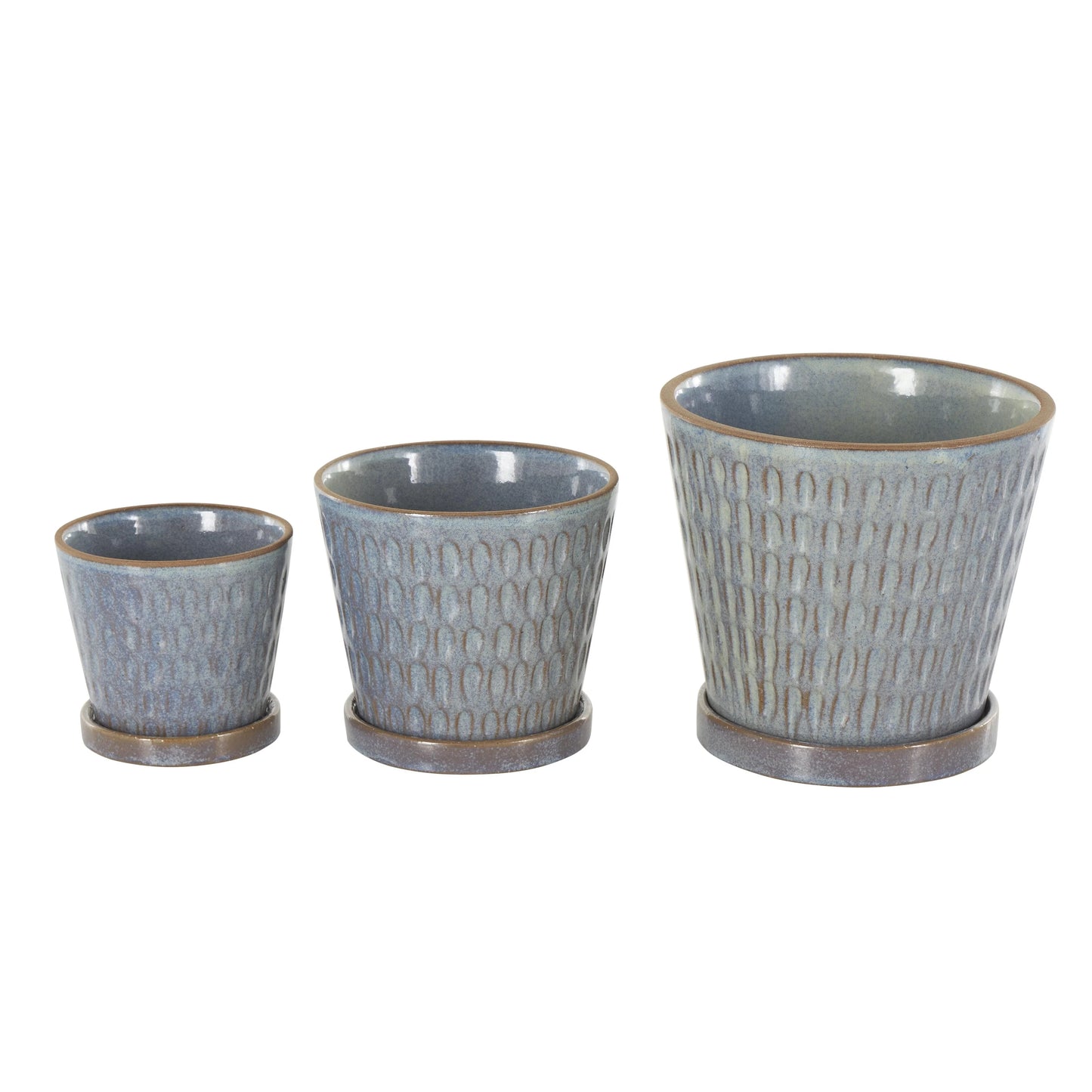 Ceramic Geometric Oval Patterned Indoor Outdoor Planter with Brown Accents and Base Tray - Set of 3 Blue - Roche River Decor