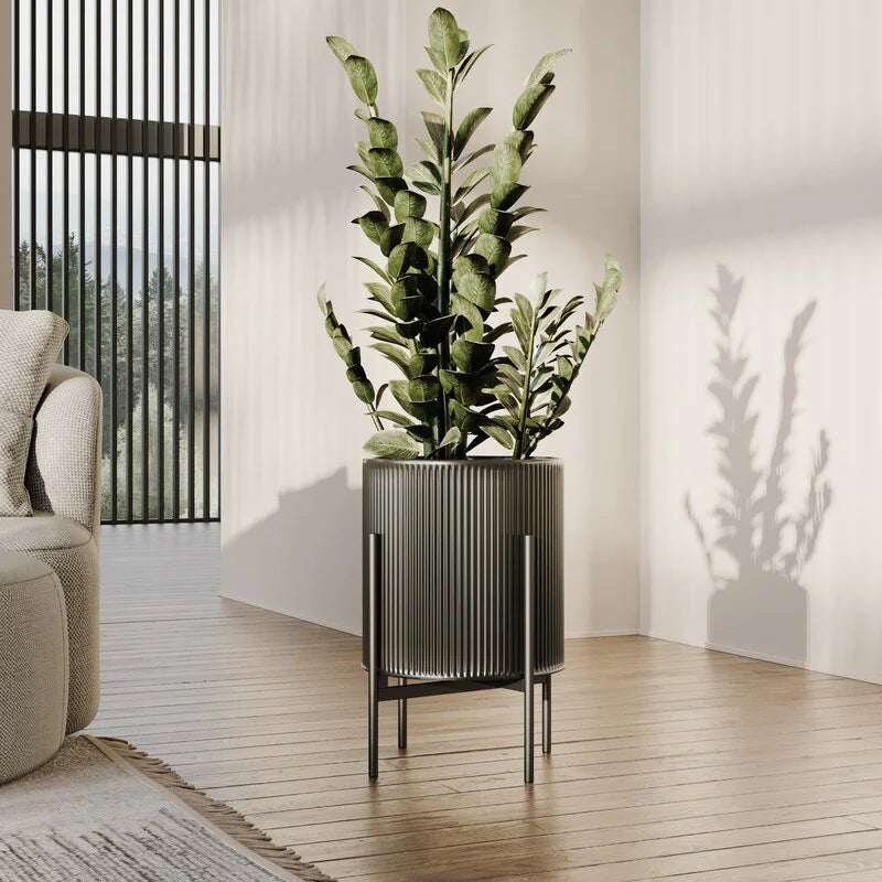 Everett Black Mid-Century Modern Indoor Metal Pot Planter with 4-Leg Metal Base