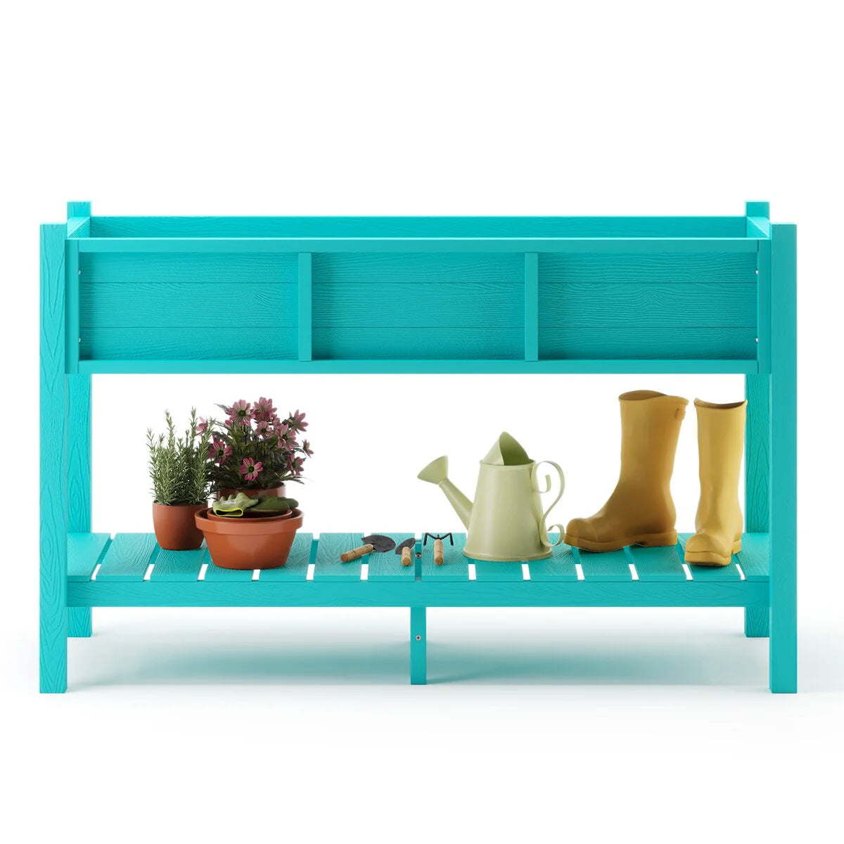 LUE BONA Patio Plastic Raised Elevated Garden Bed HDPS Planter Box Stand with Storage Shelf and Legs