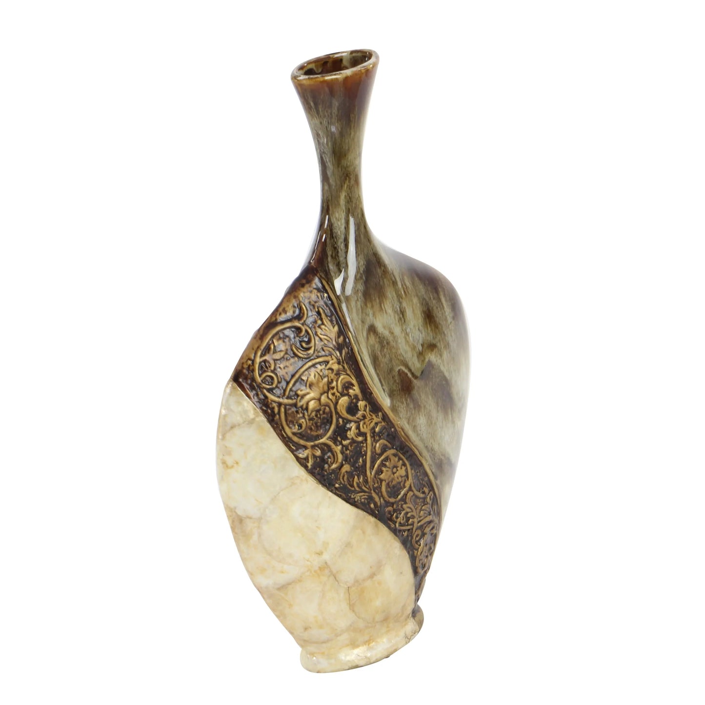 Ceramic Vase with Embedded Details and Capiz Shell Accents - Brown - Roche River Decor