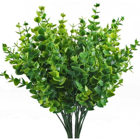 Enova Home 4 Pack Artificial Fake Green Plant Eucalyptus Plastic Leaves Grasses Bush for Home Table Office Outdoor Decoration