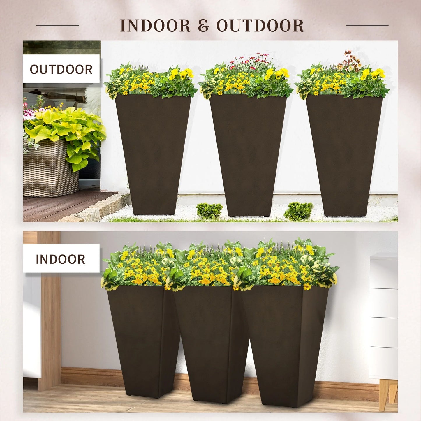 Outsunny 28" Tall Plastic Flower Pot, Set of 3, Large Outdoor & Indoor Plastic Garden Planters, for Entryway, Patio, Yard