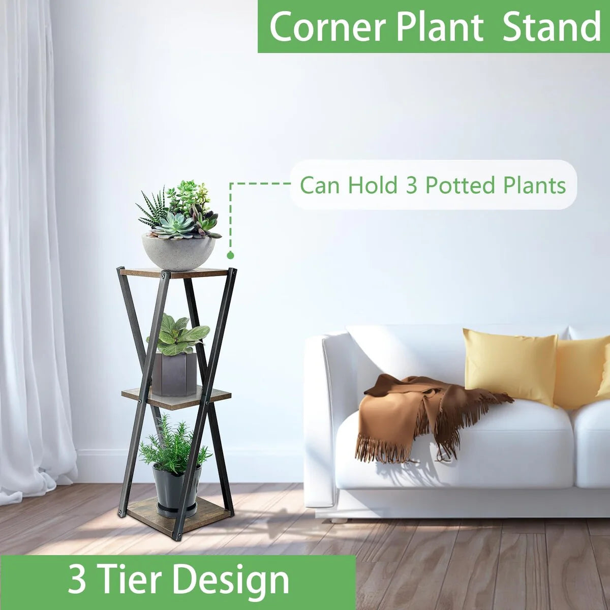 3 Tier Metal Wood Plant Stands for Indoor Plants Multiple, Tiered Potted Plant Shelf Corner Flower Stand