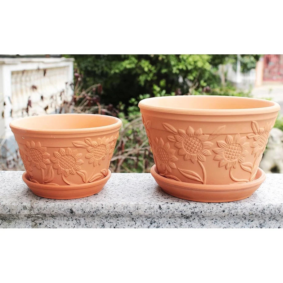 Set of 2 Sunflower Terracotta Garden Pot with Individual Tray, 2 SIZES