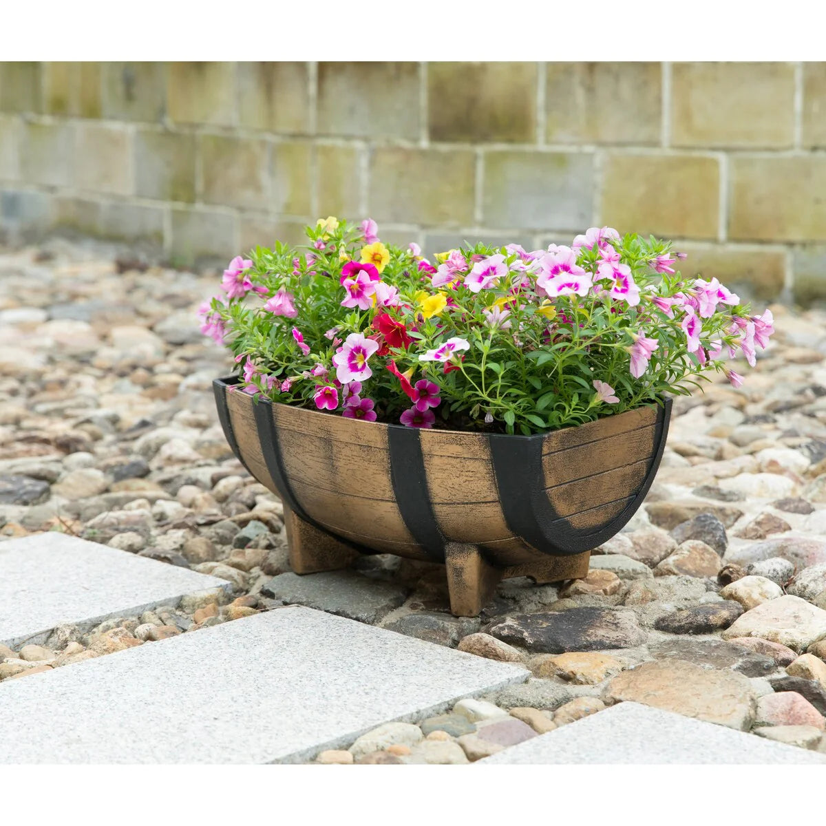 Gardenised 2-Piece Rectangular Half Barrel Flower Pots Rustic Farmhouse Style Faux Wood Planter Containers for Indoor & Outdoor