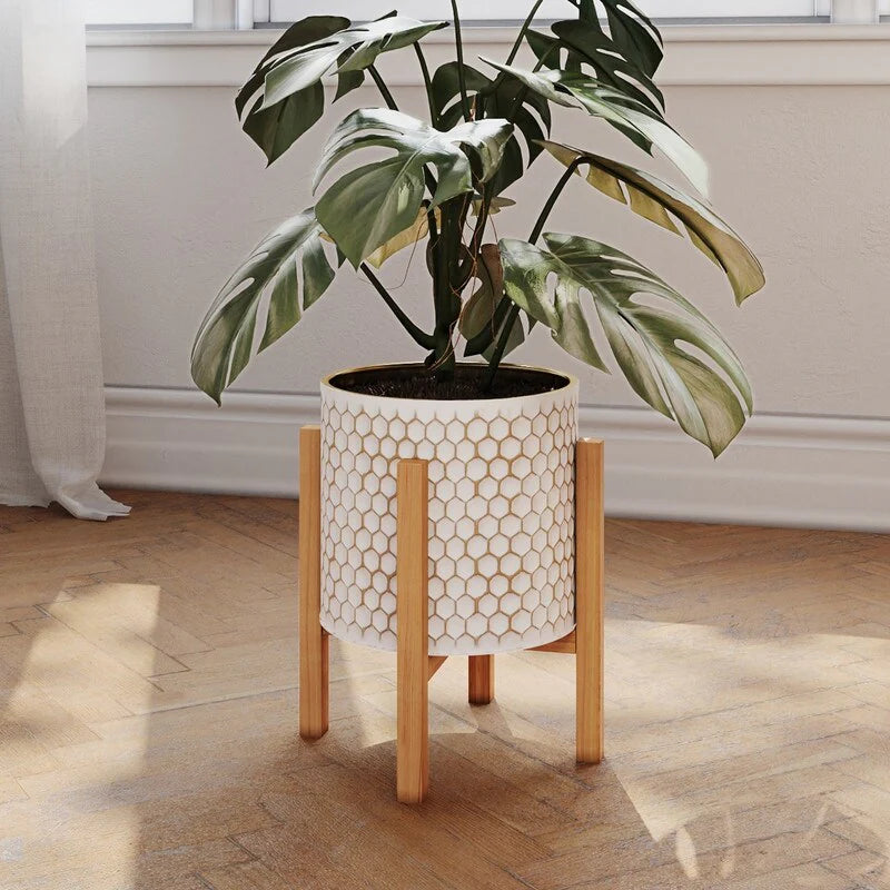 Honeycomb Mid-Century Modern Indoor Metal Pot Planter with 4-Leg Wood Base