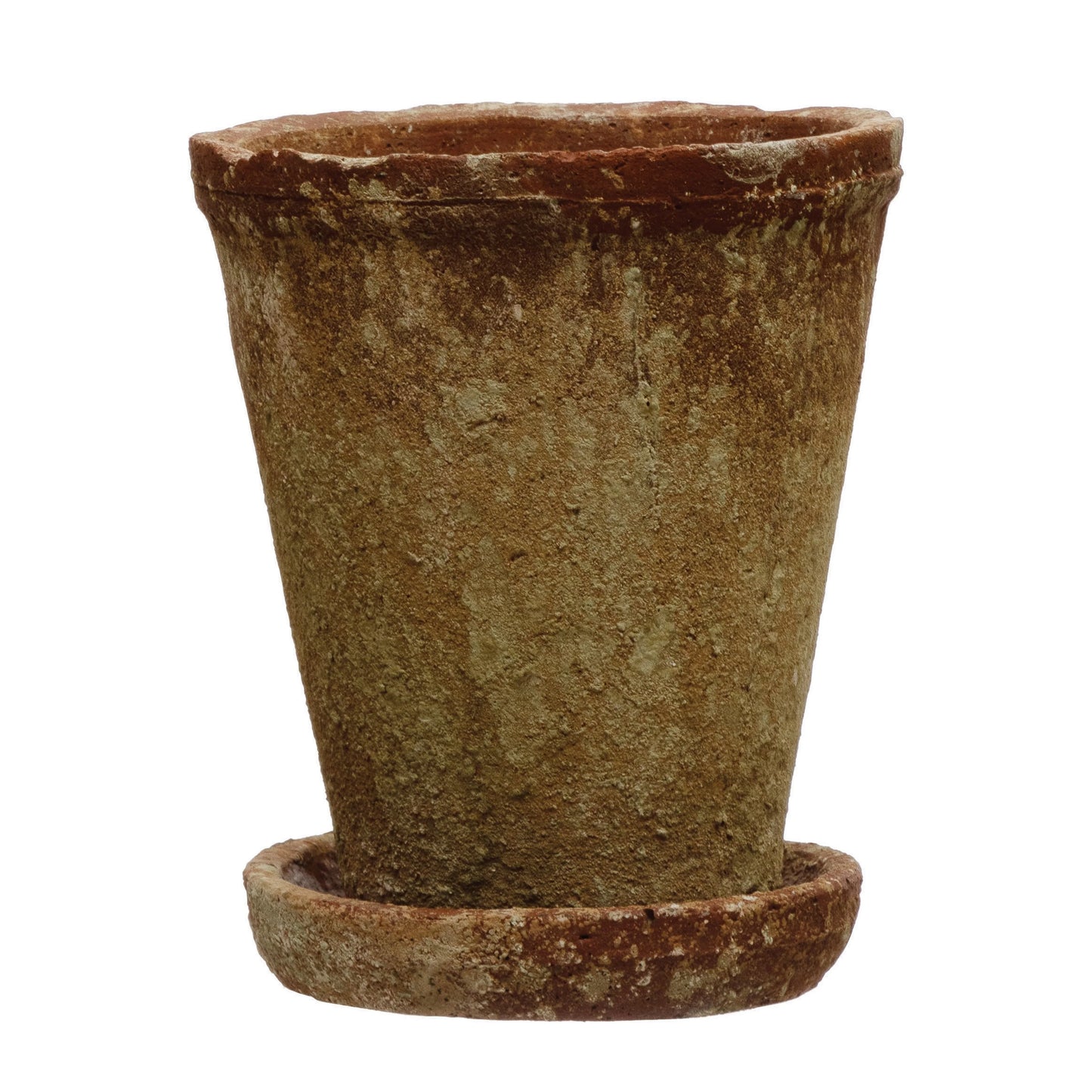 Cement Planter with Saucer, Distressed Terra-cotta Finish