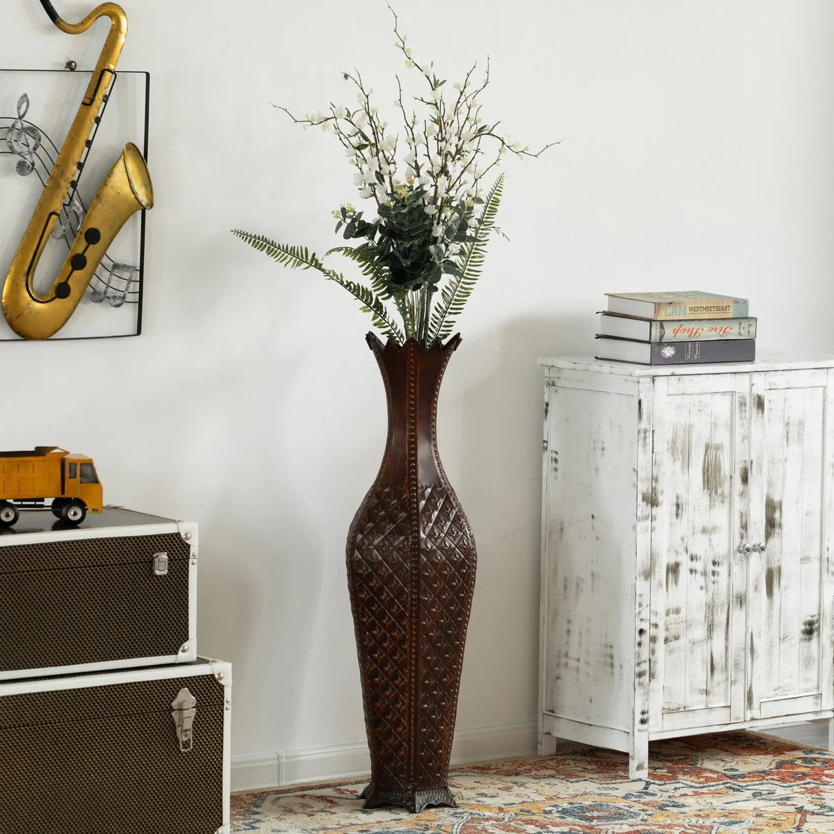 34-Inch Brown Metal Floor Vase: Elegant Centerpiece Home Decor, Dried Flower, Artificial Flower, Living Room, Bedroom Decoration