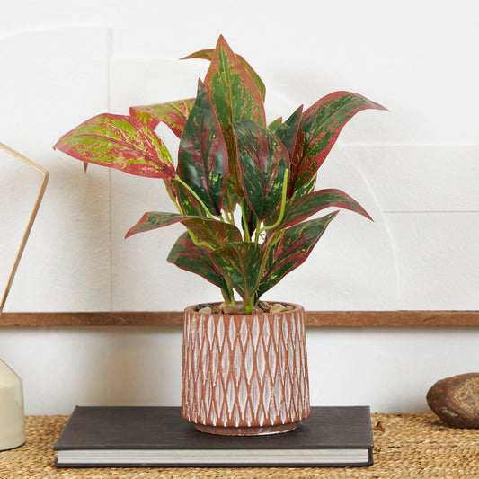 Faux Foliage Croton Artificial Plant with Geometric Patterned Pot and Decorative Pebbles - Green - Roche River Decor