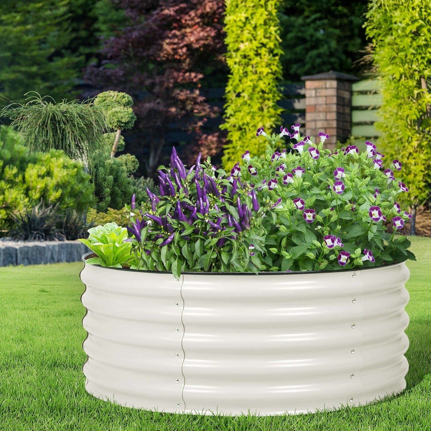 Aoodor 17'' Tall Aluzinc Metal Raised Garden Bed 42'' Round - Outdoor Open-Ended Base Garden Planter Box - N/A