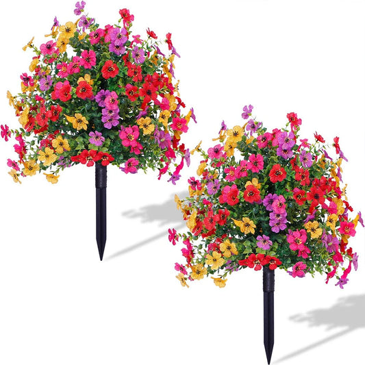 2FT Artificial Trees With Ground Spike 2 Pack, Weather-Resistant Faux Shrubs Bushes Potted Plants With Flowers Outdoor